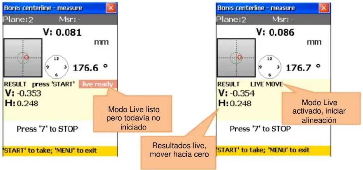 Bores centerline - measure Plane:2 Msr:- V: 0.081 mm 176.6 ° RESULT press 'START' live ready V: -0.353 H: 0.248 Press '7' to STOP 'SART' to take; 'MENU' to exit Bores centerline - measure Plane:2 Msr:- V: 0.086 mm 176.7 ° RESULT LIVE MOVE V: -0.354 H: 0.248 Press '7' to STOP 'SART' to take; 'MENU' to exit Modo Live listo pero todavía no iniciado Resultados live, mover hacia cero Modo Live activado, iniciar alineación
