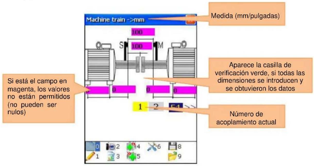 Machine train >mm Medida (mm/pulgadas) 100 S 100 M Si está el campo en magenta, los valores no están permitidos (no pueden ser nulos) Aparece la casilla de verificación verde, si todas las dimensiones se introducen y se obtuvieron los datos Número de acoplamiento actual 1 2 3 4 5 6 7 8 9