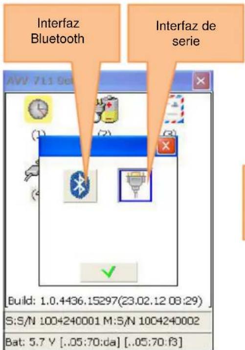 Interfaz Bluetooth Interfaz de serie Build: 1.0.4436.15297(23.02.12 08:29) S:S/N 1004240001 M:S/N 1004240002 Bat: 5.7 Y [..05:70:da] [..05:70:f3]