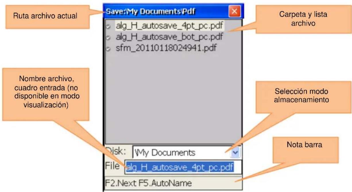 Ruta archivo actual Save:\My Documents\Pdf alg_H_autosave_4pt_pc.pdf alg_H_autosave_bot_pc.pdf sfm_20110118024941.pdf Nombre archivo, cuadro entrada (no disponible en modo visualización) Disk: My Documents File alg_H_autosave_4pt_pc.pdf F2.Next F5.AutoName Carpeta y lista archivo Selección modo almacenamiento Nota barra