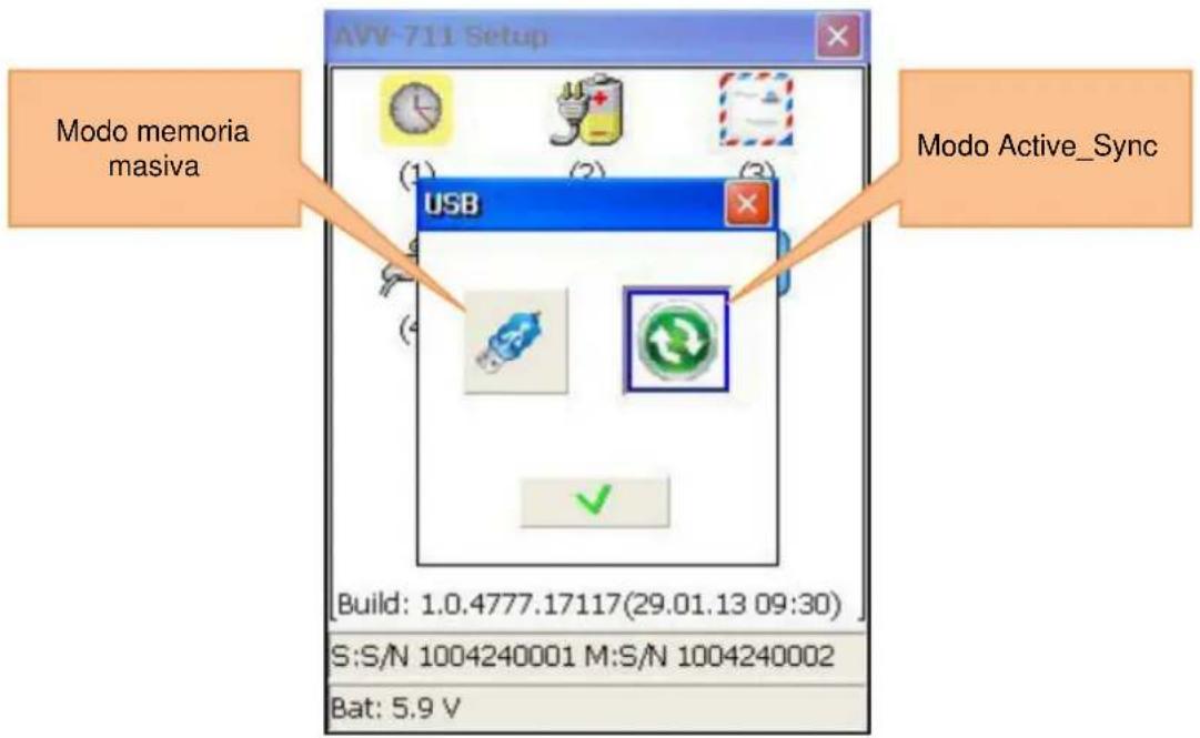 AVV-711 Setup Modo memoria masiva USB Modo Active_Sync Build: 1.0.4777.17117(29.01.13 09:30) S:S/N 1004240001 M:S/N 1004240002 Bat: 5.9 V