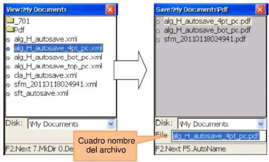 View:My Documents _701 Pdf alg_H_autosave.xml alg_H_autosave_4pt_pc.xml alg_H_autosave_bot_pc.xml alg_H_autosave_top_pc.xml cla_H_autosave.xml sfm_20110118024941.xml sft_autosave.xml Disk: My Documents F2.Next 7.MkDir 0.De Save:My Documents\Pdf alg_H_autosave_4pt_pc.pdf alg_H_autosave_bot_pc.pdf sfm_20110118024941.pdf Disk: My Documents File alg_H_autosave_4pt_pc.pdf F2.Next F5.AutoName Cuadro nombre del archivo