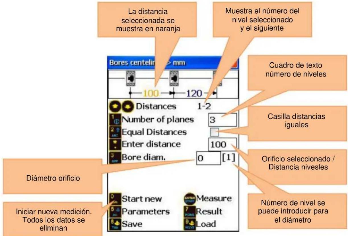 La distancia seleccionada se muestra en naranja Muestra el número del nivel seleccionado y el siguiente Bores centelir > mm 100 120 Distances 1-2 Number of planes 3 Equal Distances Enter distance 100 Bore diam. 0 [1] Cuadro de texto número de niveles Casilla distancias iguales Orificio seleccionado / Distancia nivesles Diámetro orificio Iniciar nueva medición. Todos los datos se eliminan Start new Measure Parameters Result Save Load Número de nivel se puede introducir para el diámetro