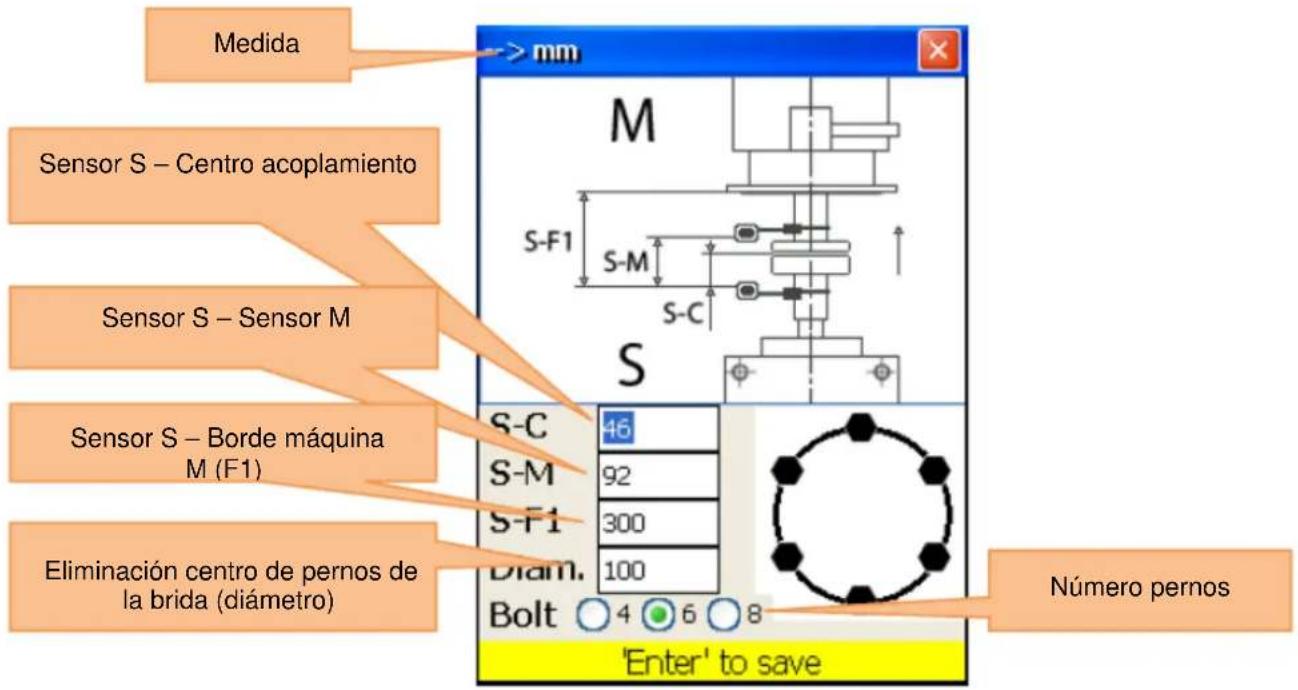 Medida Sensor S – Centro acoplamiento Sensor S – Sensor M Sensor S – Borde máquina M (F1) Eliminación centro de pernos de la brida (diámetro) M S-F1 S-M S-C S S-C 46 S-M 92 S-F1 300 Diam. 100 Bolt 4 6 8 'Enter' to save Número pernos