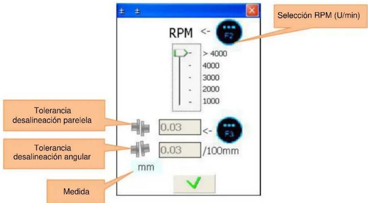 RPM <- F2 > 4000 4000 3000 2000 1000 Selección RPM (U/min) Tolerancia desalineación parelela 0.03 <- F3 Tolerancia desalineación angular 0.03 /100mm mm Medida