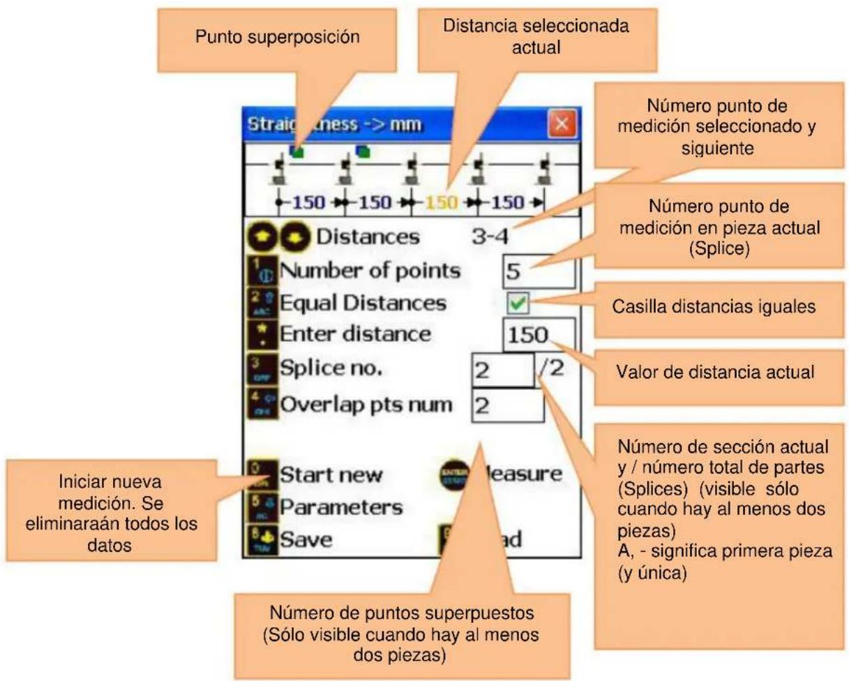 Punto superposición Distancia seleccionada actual Stratigness -> mm Número punto de medición seleccionado y siguiente 150 150 150 150 Distances 3-4 Number of points 5 Equal Distances ✓ Enter distance 150 Splice no. 2 /2 Overlap pts num 2 Número de sección actual y / número total de partes (Splices) (visible sólo cuando hay al menos dos piezas) Start new Measure Parameters Save Número de puntos superpuestos (Sólo visible cuando hay al menos dos piezas) Iniciar nueva medición. Se eliminaraán todos los datos Casilla distancias iguales Valor de distancia actual A, - significa primera pieza (y única)