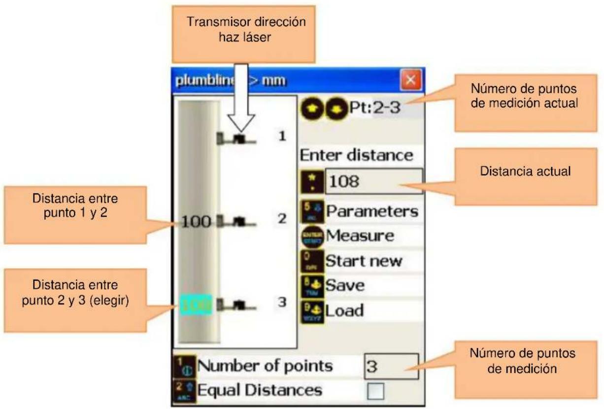 Transmisor dirección haz láser plumblin > mm Número de puntos de medición actual Pt:2-3 Enter distance 108 5 Parameters Measure Start new Save Load Distancia entre punto 1 y 2 Distancia entre punto 2 y 3 (elegir) Número de puntos de medición Number of points 3 Equal Distances ARC