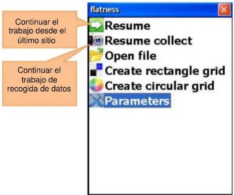 flatness Continue el trabajo desde el último sitio Continue el trabajo de recogida de datos Resume Resume collect Open file Create rectangle grid Create circular grid Parameters