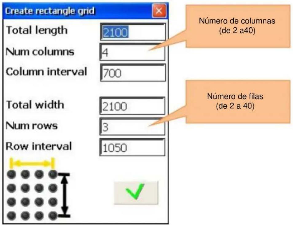 Create rectangle grid Total length 2100 Num columns 4 Column interval 700 Total width 2100 Num rows 3 Row interval 1050 Número de columnas (de 2 a40) Número de filas (de 2 a 40)