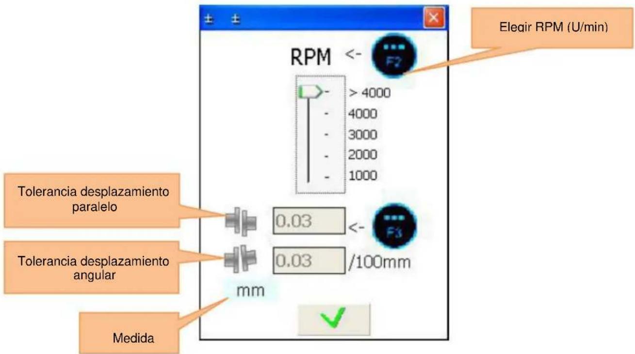 Elegir RPM (U/min) RPM <- F2 > 4000 4000 3000 2000 1000 Tolerancia desplazamiento paralelo 0.03 <- Tolerancia desplazamiento angular 0.03 /100mm mm Medida