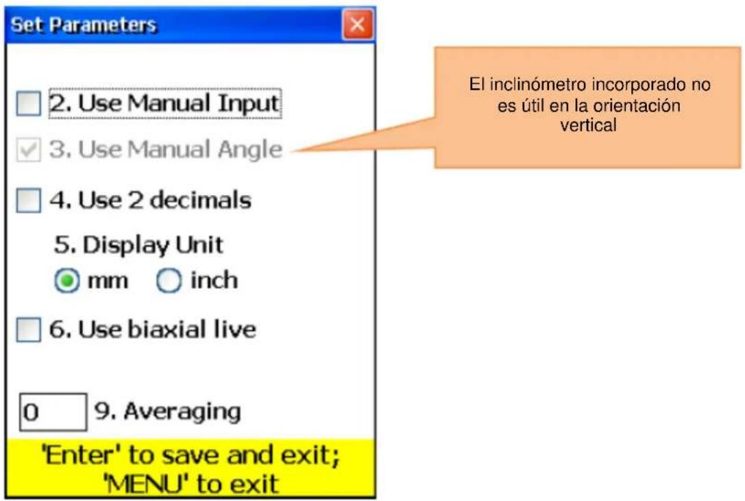Set Parameters 2. Use Manual Input 3. Use Manual Angle 4. Use 2 decimals 5. Display Unit mm inch 6. Use biaxial live 0 9. Averaging 'Enter' to save and exit; 'MENU' to exit