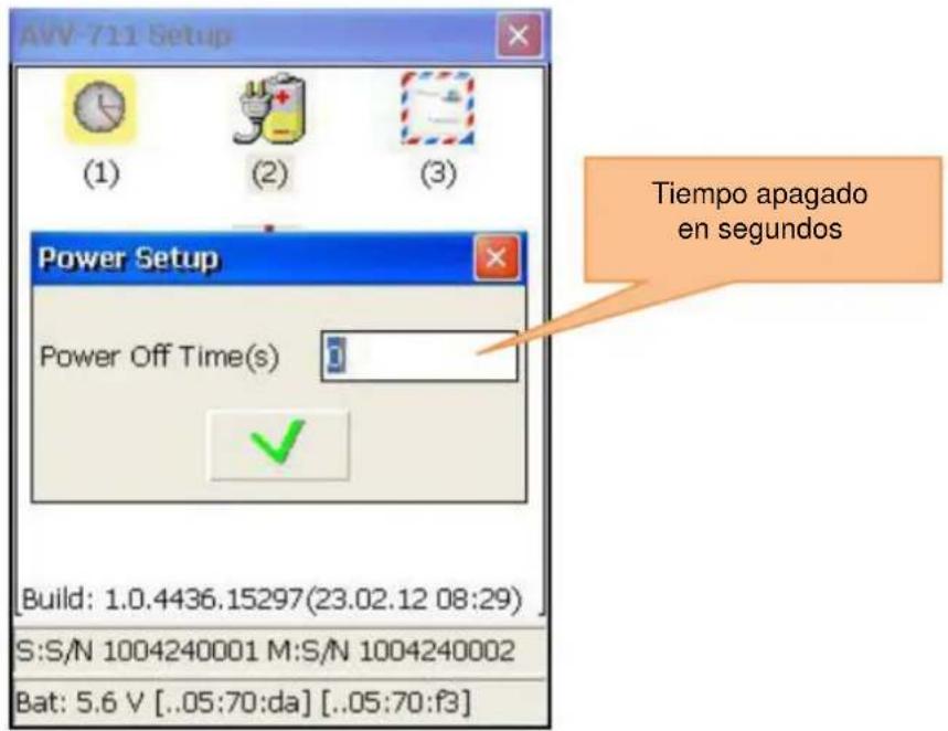 AVV-711 Setup (1) (2) (3) Tiempo apagado en segundos Power Setup Power Off Time(s) Build: 1.0.4436.15297(23.02.12 08:29) S:S/N 1004240001 M:S/N 1004240002 Bat: 5.6 V [..05:70:da] [..05:70:f3]