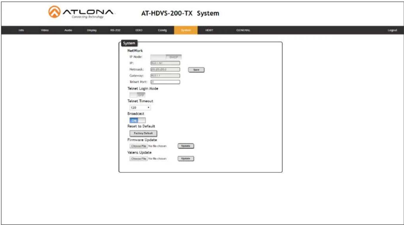 AT-LONA Connecting Technology AT-HDVS-200-TX System Info Video Audio Display RS-232 EBIT Config System HDBT GENERAL Logout System NetWork IP Mode: C-ICP IP: BLB.1.61 Netmask: 25.270.200.0 Save Gateway: BLB.1.1 Telnet Port: 0 Telnet Login Mode OFF Telnet Timeout 120 Broadcast ON Reset to Default Factory Default Firmware Update Choose File No file chosen Update Valens Update Choose File No file chosen Update