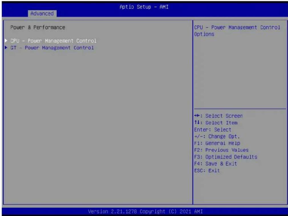 Aptio Setup - AMI Advanced Power & Performance ▶ CPU - Power Management Control ▶ GT - Power Management Control CPU - Power Management Control Options +: Select Screen 1↓: Select Item Enter: Select +/-: Change Opt. F1: General Help F2: Previous Values F3: Optimized Defaults F4: Save & Exit ESC: Exit Version 2.21.1278 Copyright (C) 2021 AMI