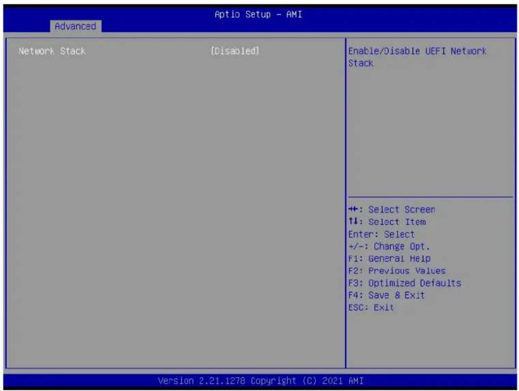 Advanced Aptio Setup - AMI Network Stack [Disabled] Enable/Disable UEFI Network Stack +: Select Screen ↑↓: Select Item Enter: Select +/-: Change Opt. F1: General Help F2: Previous Values F3: Optimized Defaults F4: Save & Exit ESC: Exit Version 2.21.1278 Copyright (C) 2021 AMI