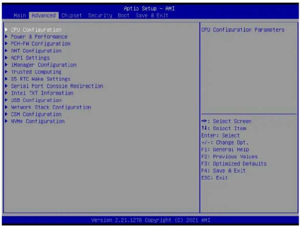 Aptio Setup - AMI Main Advanced Chipset Security Boot Save & Exit CPU Configuration Power & Performance PCH-FW Configuration AMT Configuration ACPI Settings iManager Configuration Trusted Computing S5 RTC Wake Settings Serial Port Console Redirection Intel TXT Information USB Configuration Network Stack Configuration CSM Configuration NVMe Configuration CPU Configuration Parameters +: Select Screen 1↓: Select Item Enter: Select +/-: Change Opt. F1: General Help F2: Previous Values F3: Optimized Defaults F4: Save & Exit ESC: Exit Version 2.21.1278 Copyright (C) 2021 AMI
