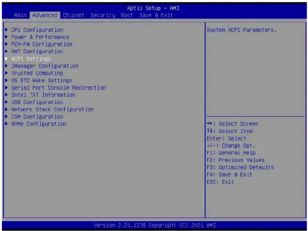 Aptio Setup - AMI Main Advanced Chipset Security Boot Save & Exit CPU Configuration Power & Performance PCH-FW Configuration AMT Configuration ACPI Settings IManager Configuration Trusted Computing S5 RTC Make Settings Serial Port Console Redirection Intel TXT Information USB Configuration Network Stack Configuration CSM Configuration NVMe Configuration System ACPI Parameters. ++: Select Screen ↑↓: Select Item Enter: Select +/-: Change Opt. F1: General Help F2: Previous Values F3: Optimized Defaults F4: Save & Exit ESC: Exit Version 2.21.1278 Copyright (C) 2021 AMI