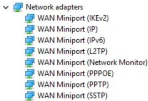 Network adapters WAN Miniport (IKEv2) WAN Miniport (IP) WAN Miniport (IPv6) WAN Miniport (L2TP) WAN Miniport (Network Monitor) WAN Miniport (PPPOE) WAN Miniport (PPTP) WAN Miniport (SSTP)