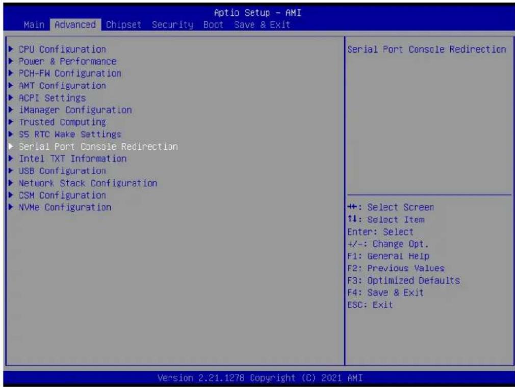 Aptio Setup - AMI Main Advanced Chipset Security Boot Save & Exit CPU Configuration Power & Performance PCH-FW Configuration AMT Configuration ACPI Settings iManager Configuration Trusted Computing S5 RTC Wake Settings Serial Port Console Redirection Intel TXT Information USB Configuration Network Stack Configuration CSM Configuration NVMe Configuration Serial Port Console Redirection +: Select Screen 1: Select Item Enter: Select +/-: Change Opt. F1: General Help F2: Previous Values F3: Optimized Defaults F4: Save & Exit ESC: Exit Version 2.21.1278 Copyright (C) 2021 AMI