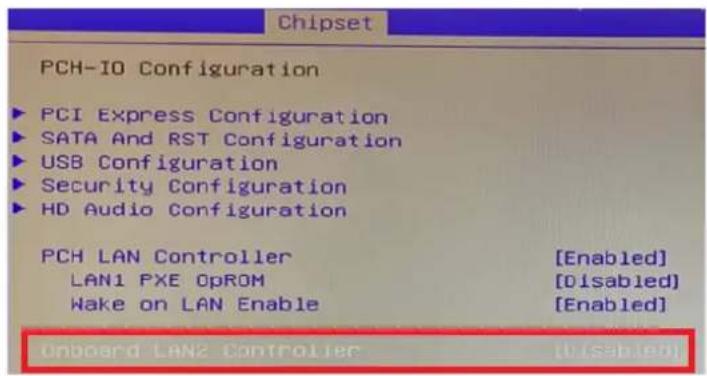 Chipset PCH-IO Configuration PCI Express Configuration SATA And RST Configuration USB Configuration Security Configuration HD Audio Configuration PCH LAN Controller [Enabled] LAN1 PXE OpROM [Disabled] Wake on LAN Enable [Enabled] Onboard LAN2 Controller [Disabled]