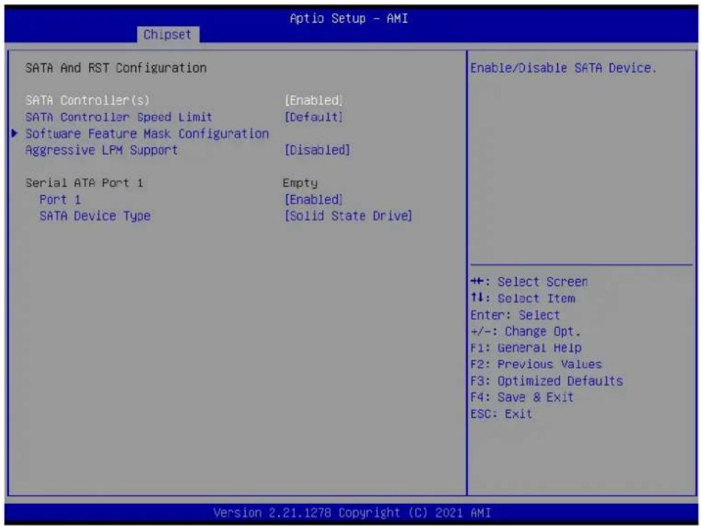Aptio Setup - AMI Chipset SATA And RST Configuration SATA Controller(s) [Enabled] SATA Controller Speed Limit [Default] ► Software Feature Mask Configuration Aggressive LPM Support [Disabled] Serial ATA Port 1 Empty Port 1 [Enabled] SATA Device Type [Solid State Drive] Enable/Disable SATA Device. ++: Select Screen ↑↓: Select Item Enter: Select +/-: Change Opt. F1: General Help F2: Previous Values F3: Optimized Defaults F4: Save & Exit ESC: Exit Version 2.21.1278 Copyright (C) 2021 AMI