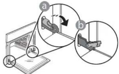 Diagram illustrating mechanical assembly steps with labeled components a and b, showing motion directions and component placement.