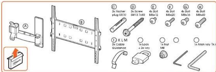 3x Fischer plug UX10 3x Screw SW13 7x90 4x Bolt M6x12 4x Bolt M6x20 4x Bolt M8x16 4x Bolt M8x20 DKLM 2x Cable Guidance 1x Lock + 3x key 1x Nut MB 1x Men key 1x A