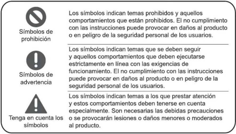 Símbolos de prohibición Los símbolos indican temas prohibidos y aquellos comportamientos que están prohibidos. El no cumplimiento con las instrucciones puede provocar en daños al producto o en peligro de la seguridad personal de los usuarios. Los símbolos indican temas que se deben seguir y aquellos comportamientos que deben ejecutarse estrictamente en línea con las exigencias de funcionamiento. El no cumplimiento con las instrucciones puede provocar en daños al producto o en peligro de la seguridad personal de los usuarios. Los símbolos indican temas a los que prestar atención y estos comportamientos deben tenerse en cuenta especialmente. Son necesarias las debidas precauciones o se provocarán lesiones o daños menores o moderados al producto.