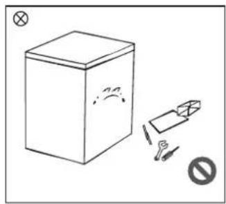 Diagram showing a box with a sad face and a broken rectangle, alongside a warning symbol and a crossed-out arrow.