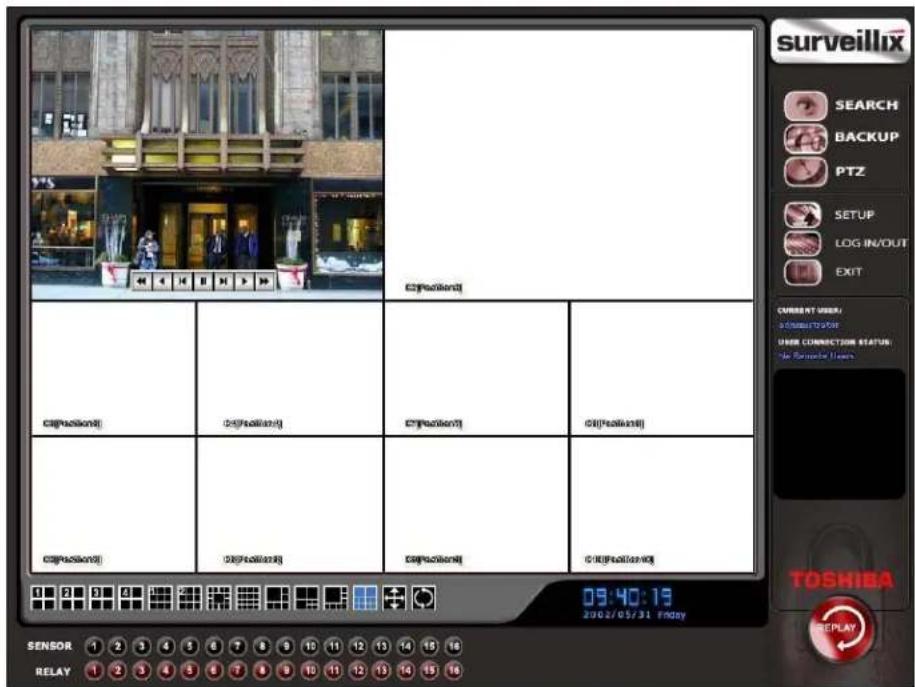 surveillix SEARCH BACKUP PTZ SETUP LOG IN/OUT EXIT CURRENT USER ASSEMBLATE USER CONNECTION STATUS: No Security Users 09:40:19 2002/05/31 Friday SENSOR 1 2 3 4 5 6 7 8 9 10 11 12 13 14 15 16 RELAY 1 2 3 4 5 6 7 8 9 10 11 12 13 14 15 16 ©(Position) ©(Position) ©(Position) ©(Position)
