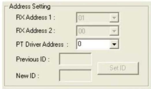 Address Setting RX Address 1 : 01 RX Address 2 : 00 PT Driver Address : 0 Previous ID : New ID : Set ID