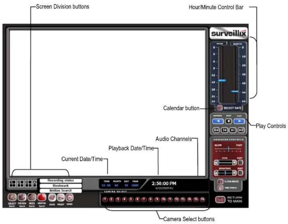 Screen Division buttons Hour/Minute Control Bar surveillux Calendar button Select DATE Play Controls Audio Channels Playback Date/Time Current Date/Time Recording status Bookmark Motion Search TIME HOURS DAY YEAR 10:40 04 10 20097 2:50:00 PM 4/10/2009 Fri CAMERA SELECT CAMERA Select buttons OBJECT R…