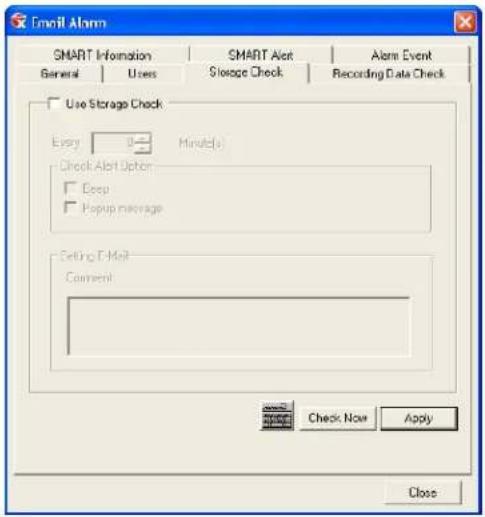 Email Alarm SMART Information SMART Alert Alarm Event General Uses Storage Check Recording Data Check Use Storage Check Every Minutes Check Alert Option Deep Popup Navage Setting E-Mail Comment Check Now Apply Close