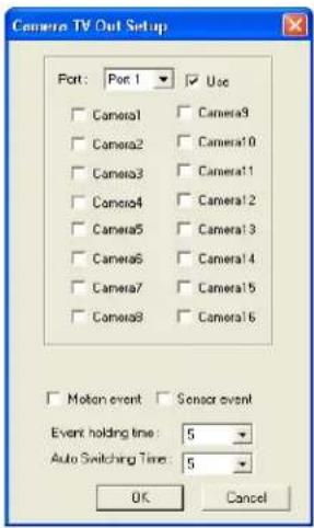 Camera TV Out Setup Port: Port 1 Use Camera1 Camera3 Camera2 Camera10 Camera3 Camera11 Camera4 Camera12 Camera5 Camera13 Camera6 Camera14 Camera7 Camera15 Camera8 Camera16 Motion event Sensor event Event holding time: 5 Auto Switching Time: 5 OK Cancel