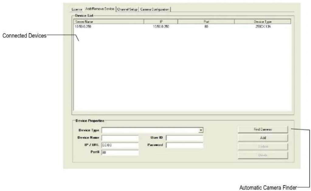 License Add/Remove Device Channel Setup Camera Configuration Device List Server Name IP Port Device Type 10.50.0.250 10.50.0.250 80 250X 13N Connected Devices Device Properties Device Type Device Name User ID IP / UML Password Port#: 50 Find Camera Add Update Delete Automatic Camera Finder