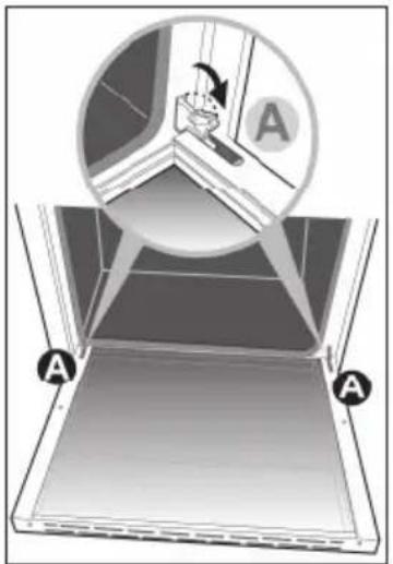 Diagram illustrating a door hinge mechanism with labeled points A and a magnified view showing the handle and angle.