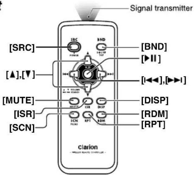 Signal transmitter [SRC] [▲],[▼] [MUTE] [ISR] [SCN] clarion BND [▶II] [BND] [▶I] [DISP] [RDM] [RPT]