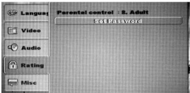 Language Video Audio Rating Misc Parental control : 8. Adult Set Password