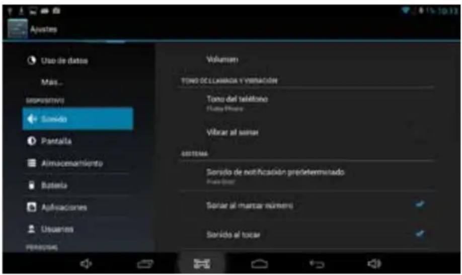 Ajustes Uso de datos Mas... Impresivo Sendio Pantala Almacenamiento Batalia Aplicaciones Usuarios Personos Volumen TONO DE LAÑAGA Y VIBRACIÓN Todo del teléfono Fluxo Dino Vibrar al simea SISTEMA Sorsido de notificación predeterminado Fluxo Dino Sorlar al marzar número Sorsido al totar