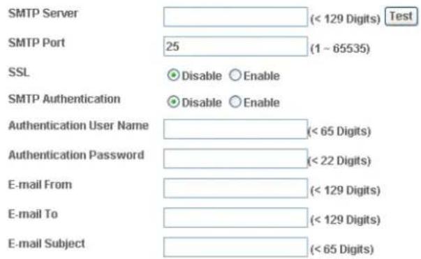 SMTP Server SMTP Port 25 (1 ~ 65535) SSL Disable Enable SMTP Authentication Authentication User Name (< 65 Digits) Authentication Password (< 22 Digits) E-mail From (< 129 Digits) E-mail To (< 129 Digits) E-mail Subject (< 65 Digits)