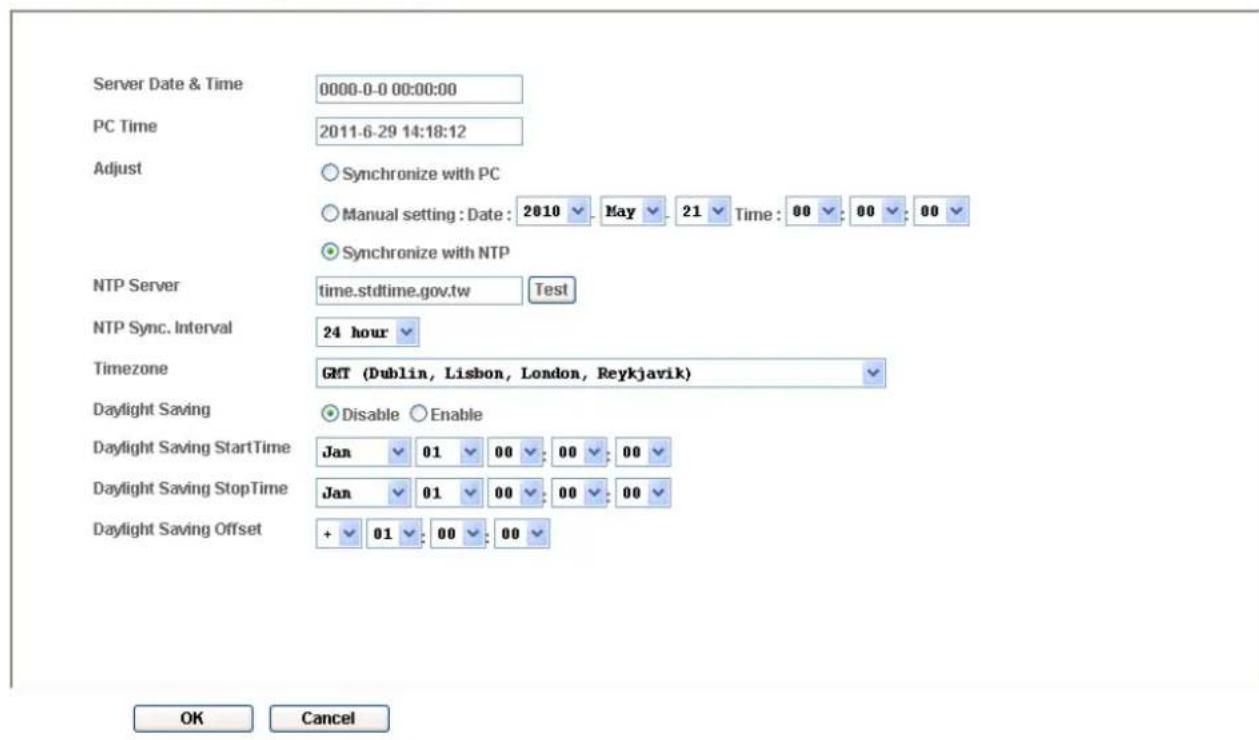 Server Date & Time 0000-0-0 00:00:00 PC Time 2011-6-29 14:18:12 Adjust Synchronize with PC Manual setting : Date : 2010 May 21 Time : 00 00 00 Synchronize with NTP NTP Server htime.stdtime.gov.tw Test NTP Sync. Interval 24 hour Timezone GMT (Dublin, Lisbon, London, Reykjavik) Daylight Saving Disable…