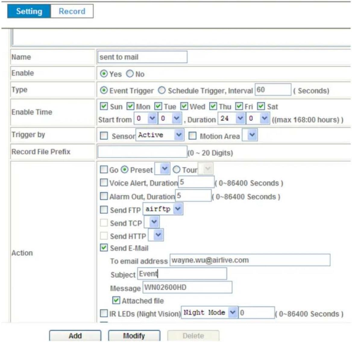Setting Record Name sent to mail Enable Yes No Type Event Trigger Schedule Trigger, Interval 60 (Seconds) Enable Time Sun Mon Tue Wed Thu Fri Sat Start from 0 0 , Duration 24 0 ((max 168:00 hours)) Trigger by Sensor Active Motion Area Record File Prefix (0 ~ 20 Digits) Action Go Preset Tour Voice Al…