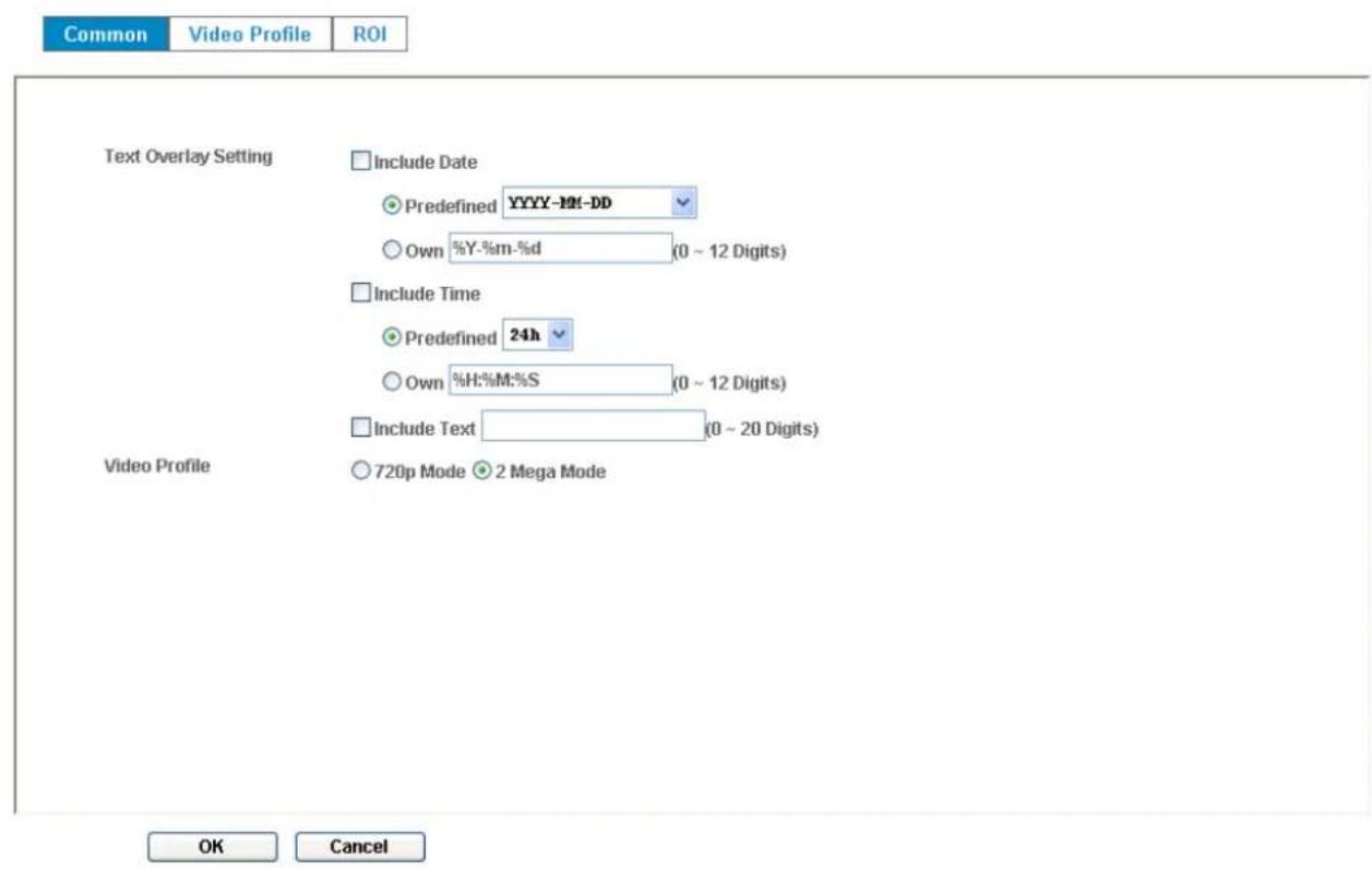 Common Video Profile ROI Text Overlay Setting Include Date Predefined YYYY-10f-DD Own %Y,%m,%d (0 ~ 12 Digits) Include Time Predefined 24h Own %H:%M:%S (0 ~ 12 Digits) Include Text (0 ~ 20 Digits) Video Profile 720p Mode 2 Mega Mode OK Cancel