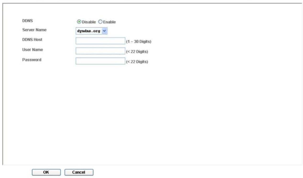 DDNS Disable Enable Server Name dyndns.org DDNS Host (1 ~ 30 Digits) User Name (< 22 Digits) Password (< 22 Digits) OK Cancel
