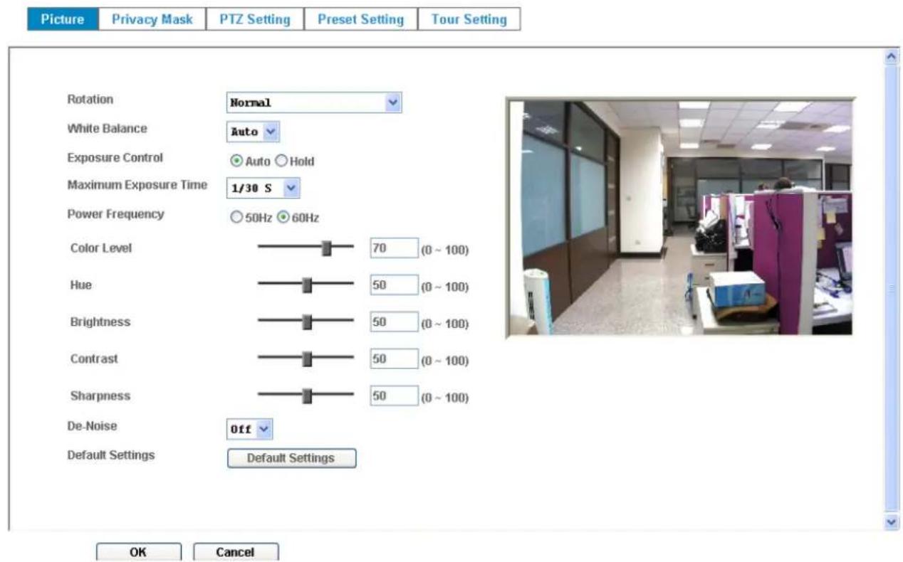 Picture Privacy Mask PTZ Setting Preset Setting Tour Setting Rotation Normal White Balance Auto Exposure Control Auto Hold Maximum Exposure Time 1/30 S Power Frequency 50Hz 60Hz Color Level 70 (0 ~ 100) Hue 50 (0 ~ 100) Brightness 50 (0 ~ 100) Contrast 50 (0 ~ 100) Sharpness 50 (0 ~ 100) De-Noise Of…