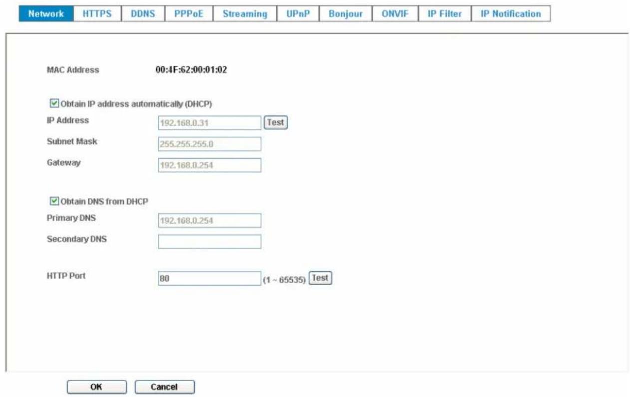 Network HTTPS DDNS PPPoE Streaming UPnP Bonjour ONVIF IP Filter IP Notification MAC Address 00:4F:62:00:01:02 Obtain IP address automatically (DHCP) IP Address 192.168.0.31 Test Subnet Mask 255.255.255.0 Gateway 192.168.0.254 Obtain DNS from DHCP Primary DNS 192.168.0.254 Secondary DNS HTTP Port 80…