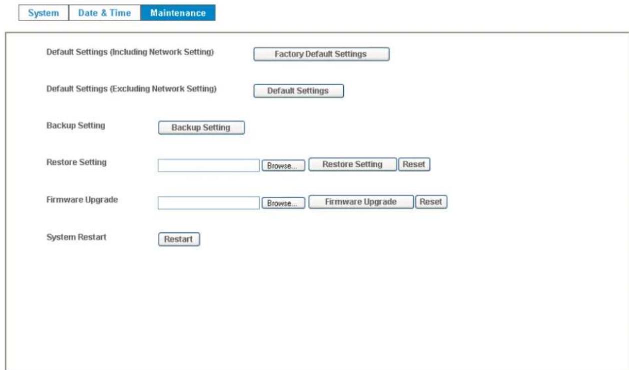 System Date & Time Maintenance Default Settings (Including Network Setting) Factory Default Settings Default Settings (Excluding Network Setting) Default Settings Backup Setting Backup Setting Restore Setting Browse... Restore Setting Reset Firmware Upgrade Browse... Firmware Upgrade Reset System Re…