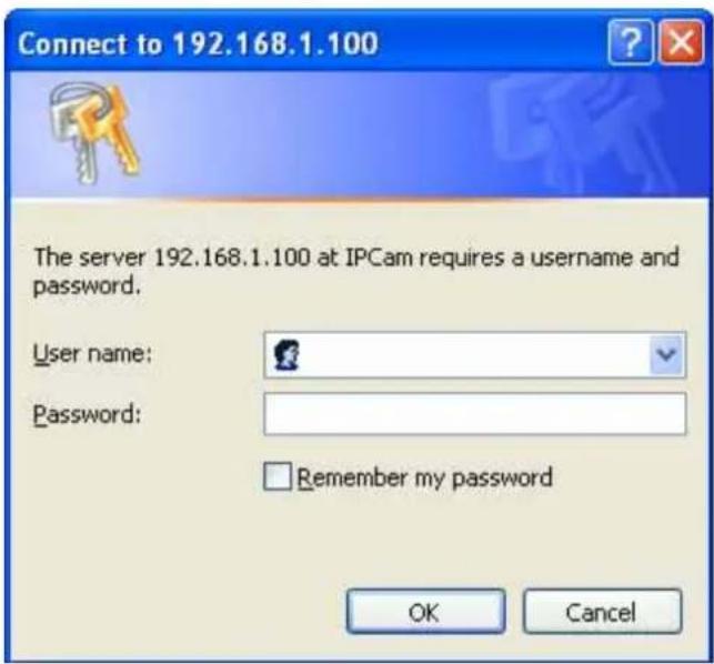 Connect to 192.168.1.100 The server 192.168.1.100 at IPCam requires a username and password. User name: Password: Remember my password OK Cancel
