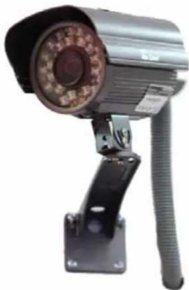 Exterior view of a security camera with mounted cable and sensor array (no visible text or symbols)