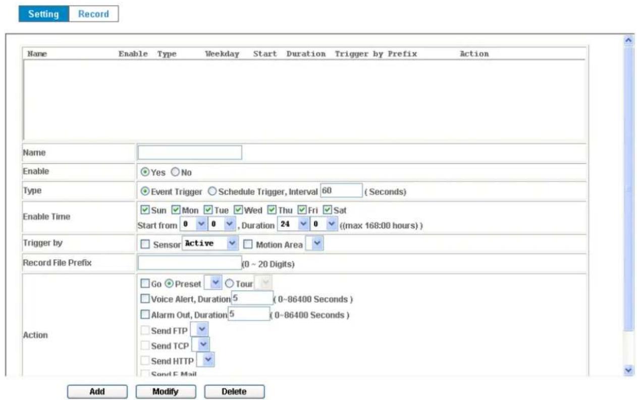 Setting Record Name Enable Type Weekday Start Duration Trigger by Prefix Action Name Enable Yes No Type Event Trigger Schedule Trigger, Interval 60 (Seconds) Enable Time Sun Mon Tue Wed Thu Fri Sat Start from 0 0 , Duration 24 0 ((max 168:00 hours)) Trigger by Sensor Active Motion Area Record File P…